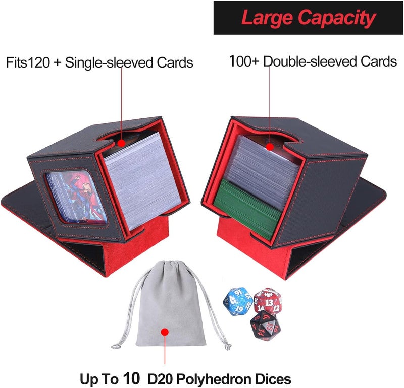 AFIING MTG Deck Box for Commander Display,Card Deck Box Fits 100 Double Sleeved Cards, Magic Commander TCG Card Storage Box with 2 Dividers,Drawstring Bag and 1 Toploader(Black/Red) - Image 3